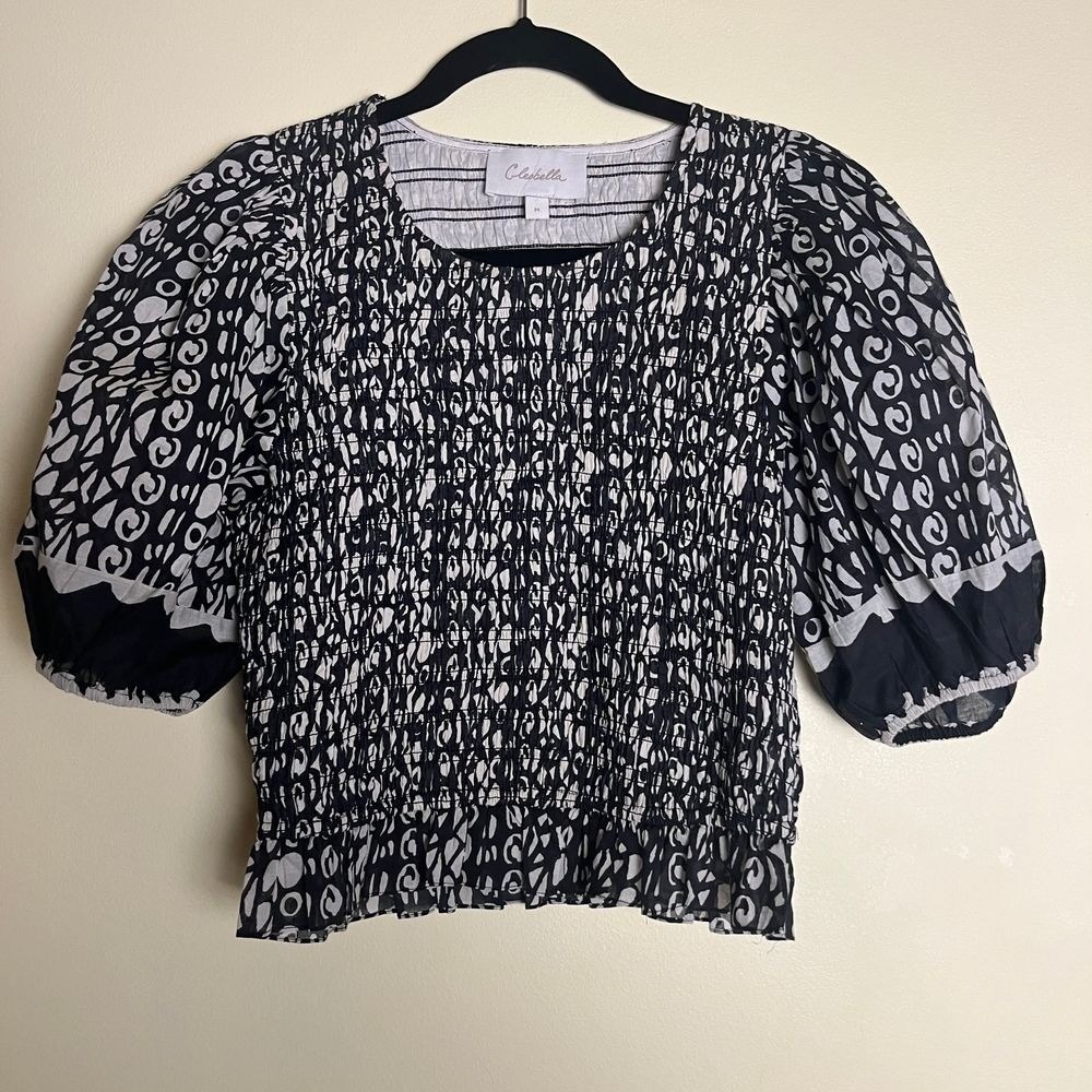 CLEOBELLA 100% Organic Cotton Roberta Top Size Medium Paseo Black Tan Smocked - Picture 2 of 10